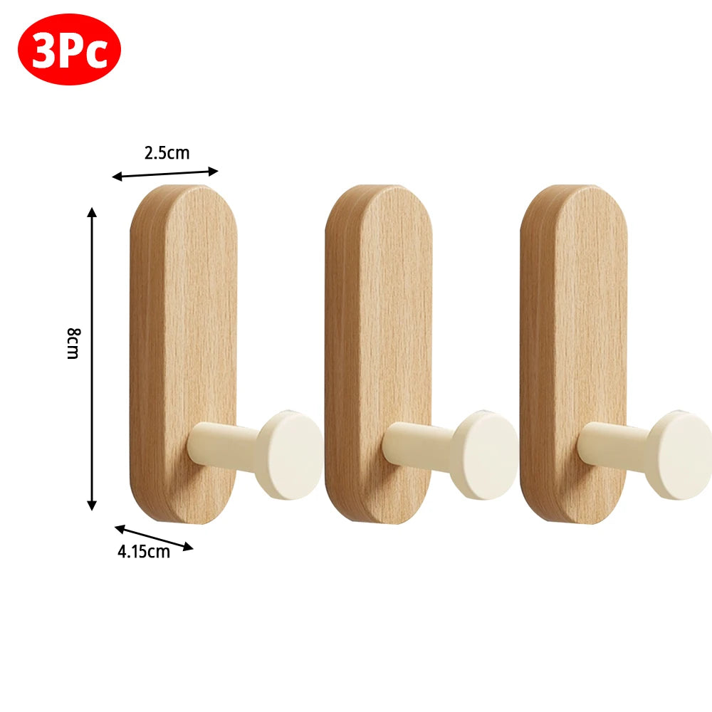 Self-adhesive Solid Wooden Wall Hook for Hanging Key Coat Towel Clothes Towel Bag Hanger Door Hook Coat Rack Entryway Key Holder