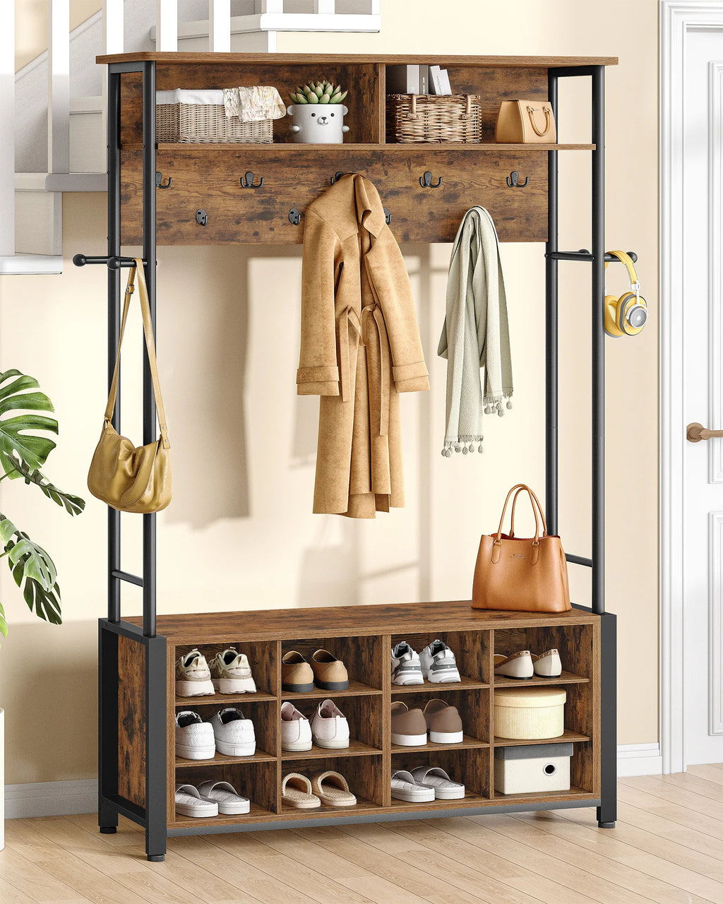 Coat Stand with Shoe Bench, Coat Rack with 13 Hooks, 14 Open Compartments, Adjustable Shelves, Clothes Rack for Hallway