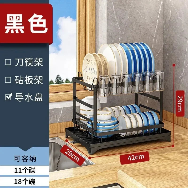 New Dishes Drain Rack Kitchen Tableware Plate Storage Rack Household Multifunctional Tableware Double-layer Shelf