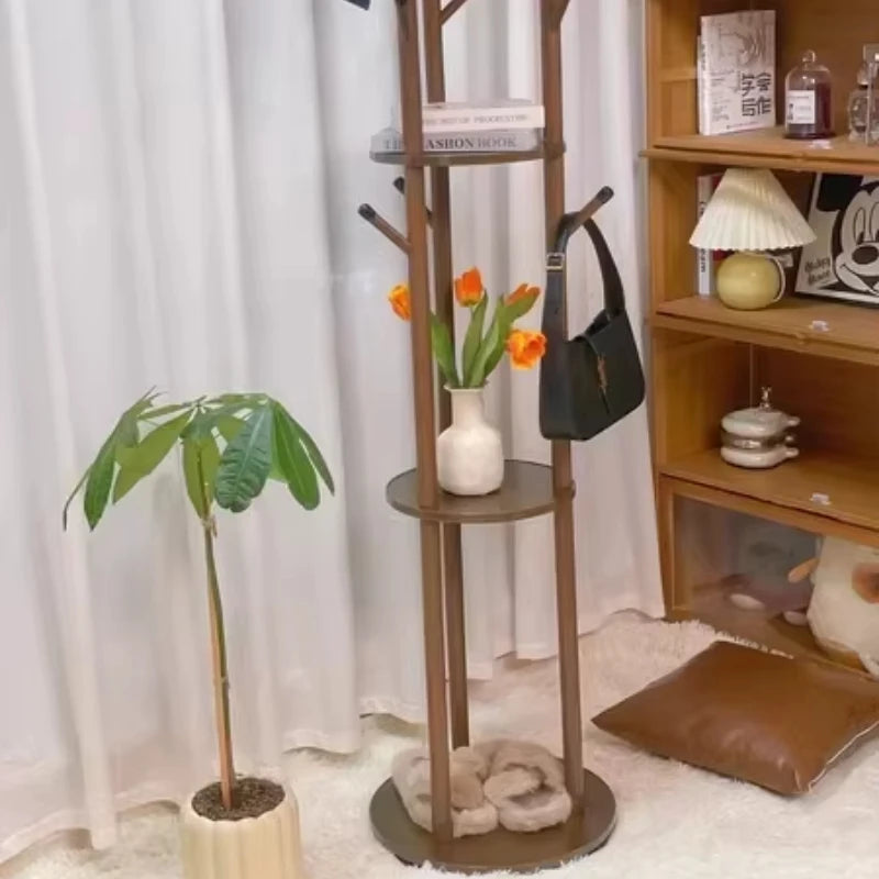 Rotating Wooden Coat Rack Durable Floor Standing Clothes Hanger Bedroom Clothes Rack Stand Space-Saving Storage Rack